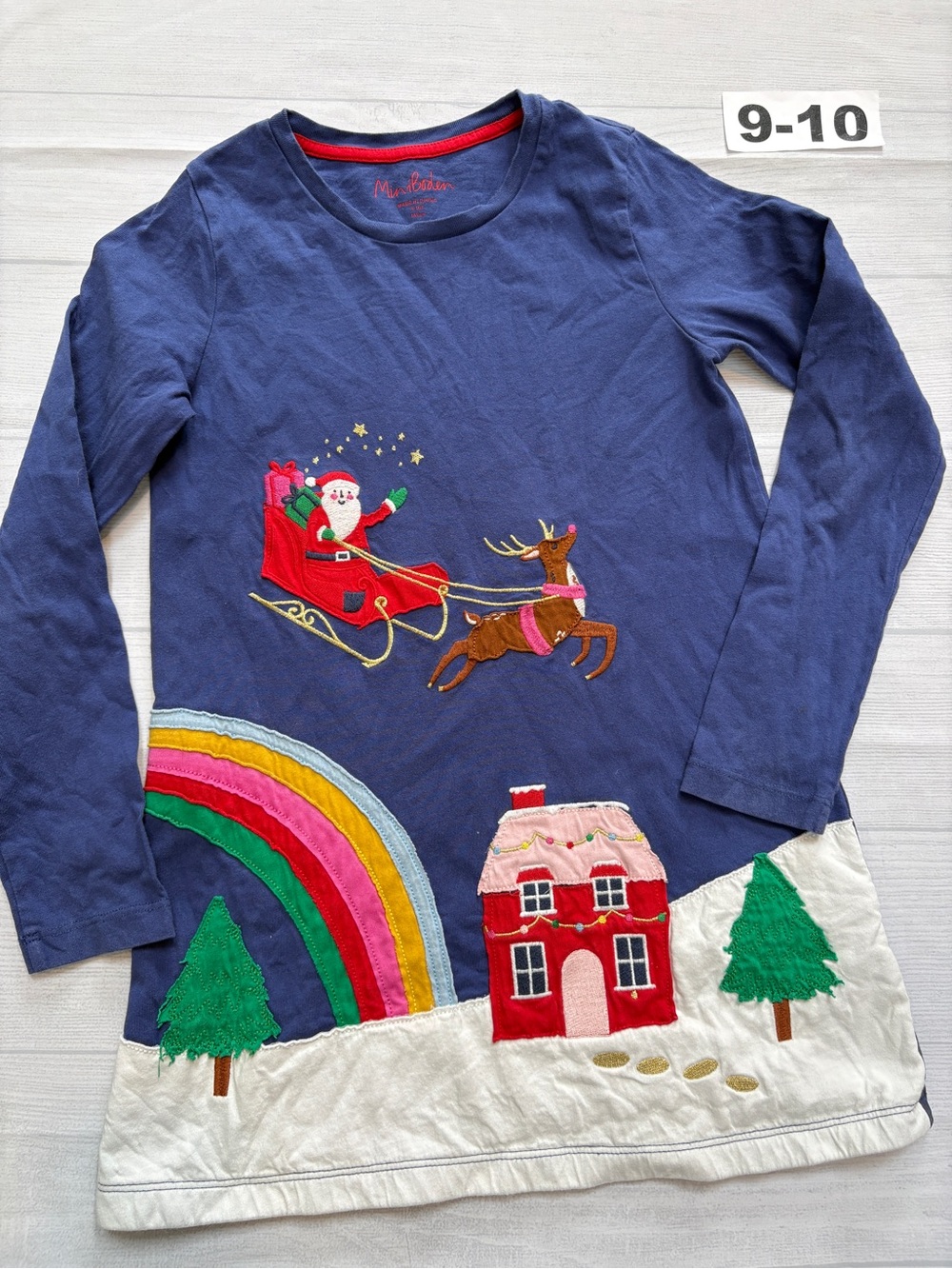 Mini Boden Navy Long-Sleeve Holiday Tunic with Santa & Rainbow Appliqués